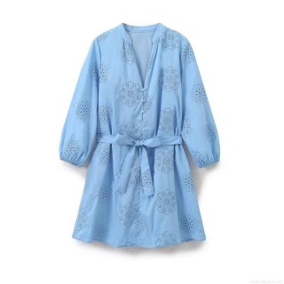 Women's Elegant Light Blue Embroidery Poplin V-Neck Mini Dress Long Sleeve Hollow Out Casual A-Line Dress With Belt For Summer Autumn Cotton Blend