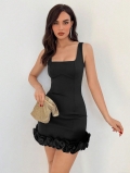 Women's Elegant Square Neck Sleeveless Bodycon Mini Dress With 3D Rose Ruffle Hem Polyester Spandex Tight Fit Cocktail Party Dress