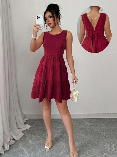 Women Wine Red Backless V-Neck Cake Dress Tiered Layered Mini Dress With Big Bow Pearl Decoration Elegant Sweet Summer Party Evening Dress