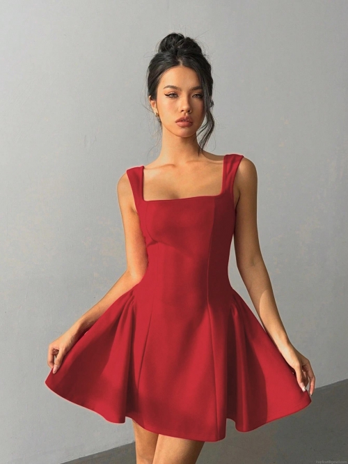 Elegant Red Square Neck Backless Dress Sexy Sleeveless Large Bow A-Line Mini Dress For Women 95% Polyester 5% Spandex Party Wedding Valentine's Day Summer Dress
