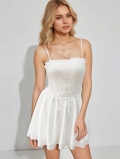 Women Summer Smocked Mini Dress Sleeveless Square Neck A-Line Ruffle Hem Strappy Sundress White Sexy Beach Vacation Party Elegant Short Dress