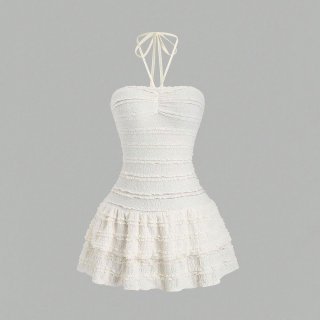 Women's Halter Neck Layered Ruffle Mini Dress Sweet Backless Smocked A-Line Cake Dress Summer Party Vacation Elegant Sleeveless Short Polyester Sun Dress