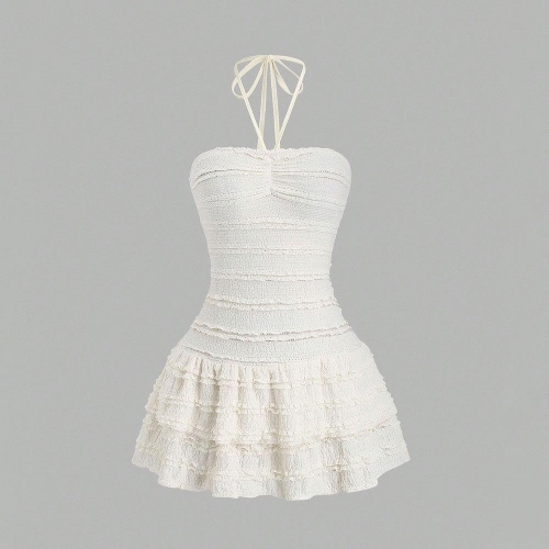 Women's Halter Neck Layered Ruffle Mini Dress Sweet Backless Smocked A-Line Cake Dress Summer Party Vacation Elegant Sleeveless Short Polyester Sun Dress