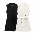 Women's Sleeveless Blazer Dress Elegant Tencel Linen Blend Double Breasted A-Line Mini Dress With Belt Fashionable Streetwear Office Lady Short Dresses