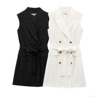 Women's Sleeveless Blazer Dress Elegant Tencel Linen Blend Double Breasted A-Line Mini Dress With Belt Fashionable Streetwear Office Lady Short Dresses