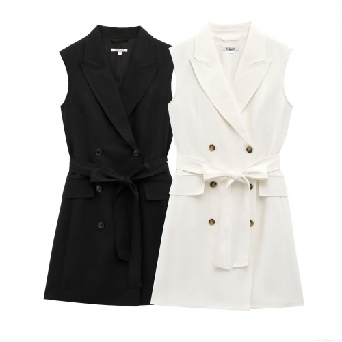 Women's Sleeveless Blazer Dress Elegant Tencel Linen Blend Double Breasted A-Line Mini Dress With Belt Fashionable Streetwear Office Lady Short Dresses