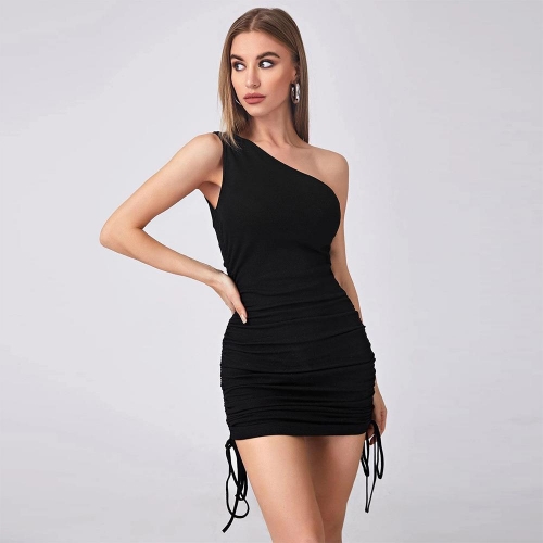 Women's One Shoulder Ruched Mini Dress Sexy Sleeveless Ribbed Knit Bodycon Dress With Side Drawstring Asymmetric Solid Color Summer Party Clubwear