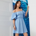 Women's Sweet Sky Blue Off-Shoulder Puff Sleeve Mini Dress Summer High Waist Solid Color A-Line Backless Short Sleeve Casual Vacation Sundress