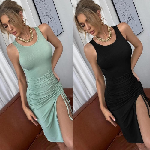 Women's Sexy Ribbed Knit Sleeveless Mini Dress High Slit Adjustable Drawstring Ruched Bodycon Party Club Summer Sun Dress