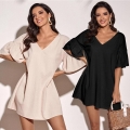 Women Summer V Neck Backless Cotton Blend Dress Holiday Casual Loose Ruffle Sleeve Mini Sun Dress For Women