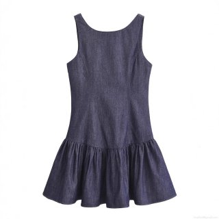 Women's Denim Look Sleeveless Mini Dress Fashion Hollow Out Back with Zipper Pleated Ruffle Hem Summer Streetwear Casual A-Line Dress for Women