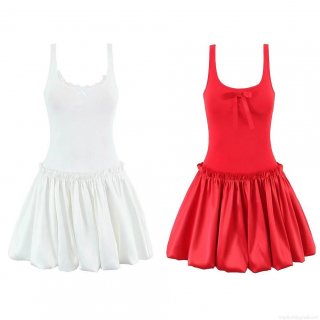 Women's Summer Sexy Camisole Dress Lace Bow Trim Satin Patchwork Mini Bubble Skirt Backless Streetwear Party Sundress