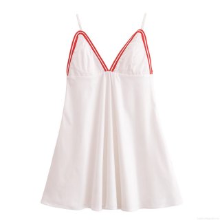 Women's 2025 Summer Camisole Mini Dress Contrast Ribbed Trim V Neck Sexy Backless A-Line Polyester Sleeveless Streetwear Short Dress For Vacation