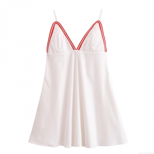 Women's 2025 Summer Camisole Mini Dress Contrast Ribbed Trim V Neck Sexy Backless A-Line Polyester Sleeveless Streetwear Short Dress For Vacation