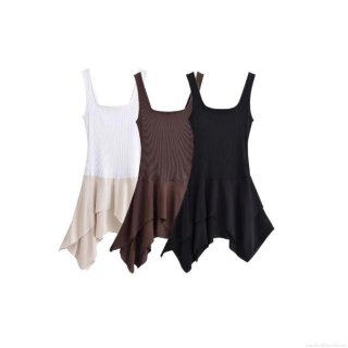 Women Square Neck Sleeveless Spliced Dress Summer European Style Irregular Hem Ribbed Knit Mini Dress A-Line Party Streetwear Dress For Lady