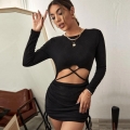 Sexy Women's Hollow Out Bodycon Mini Dress Cross Strap Ribbed Knitted Long Sleeve Side Drawstring Ruched Dress For Club Party
