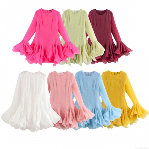 Women's 2025 Summer European Fashion Layered Ruffle Tiered Mini Dress 100% Polyester Long Sleeve Crew Neck Puffy Short Dress for Party Streetwear