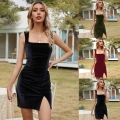 Women's Sexy Velvet Square Neck Mini Dress Sleeveless Side Split Hem Bodycon Party Club Music Festival Evening Dress For Women