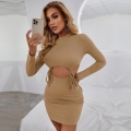 Women Sexy Round Neck Long Sleeve Cut-Out Drawstring Bodycon Knit Mini Dress Khaki Rib-Knit Polyester Spandex Rayon Club Party Fashion Dress