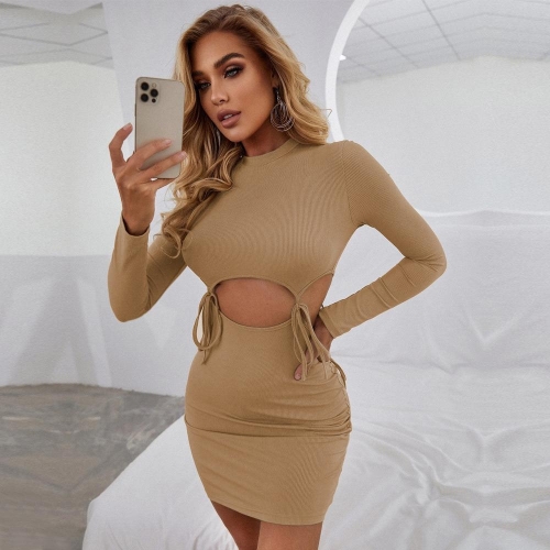 Women Sexy Round Neck Long Sleeve Cut-Out Drawstring Bodycon Knit Mini Dress Khaki Rib-Knit Polyester Spandex Rayon Club Party Fashion Dress