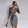 Women's Sexy Hollow Out Knot Knit Mini Dress Long Sleeve Bodycon Solid Color Ribbed Cotton Blend Short Dress For Club Party Night