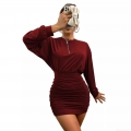 Women's Long Sleeve Ruched Mini Dress Knitted Polyester Cotton Blend Sexy Slim Fit Round Neck Bodycon Dress Elegant Party Evening Commuter Wear For Ladies