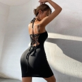 Women Sexy Halter Neck Backless Lace Up Bodycon Mini Dress Knitted Sleeveless Slim Fit Party Clubwear Short Dress for Summer