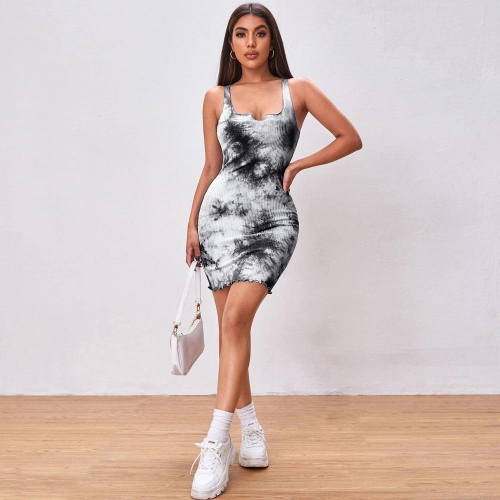 Women's Sexy Tie-Dye Rib-Knit Bodycon Mini Dress Sleeveless Square Neck Stretchy Slim Fit Tank Dress For Summer Streetwear Party Clubwear