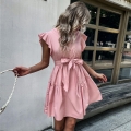 Women Casual Pink Sleeveless Mini Dress Cotton Blend Ruffle Flying Sleeve Button Down Front Waist Tie Bow A-Line Fresh Sweet Sexy Dress For Ladies