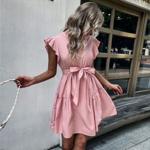 Women Casual Pink Sleeveless Mini Dress Cotton Blend Ruffle Flying Sleeve Button Down Front Waist Tie Bow A-Line Fresh Sweet Sexy Dress For Ladies