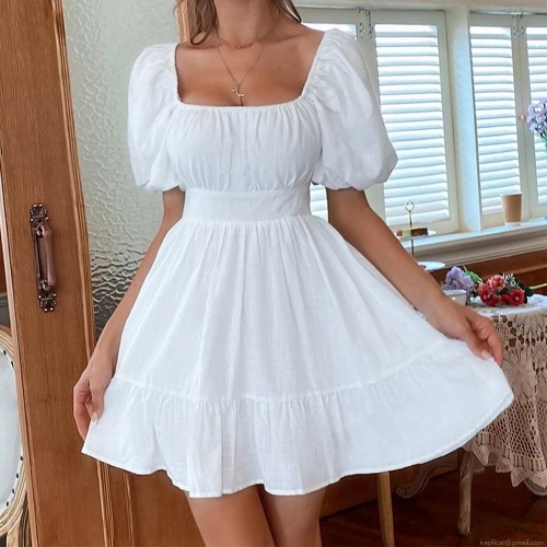 Women's French Vintage Puff Sleeve Square Neck Backless Mini Dress With Bow Sweet A-Line Cake Dress Summer Dating Party Outfits For Ladies