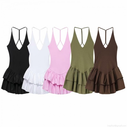 Polyester Mesh Spliced Sexy V-Neck Backless Ruffle Mini Dress For Women Summer Sleeveless Slim Fit Solid Color Camisole Party Nightclub Wear