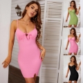 Sexy Ribbed Knit Sling Bodycon Dress With Bow Tie V-Neck Backless Side Slit Mini Dress For Women Summer Party Elegant Solid Color High Waist Spaghetti Strap Slim Fit Clubwear