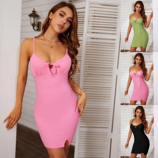 Sexy Ribbed Knit Sling Bodycon Dress With Bow Tie V-Neck Backless Side Slit Mini Dress For Women Summer Party Elegant Solid Color High Waist Spaghetti Strap Slim Fit Clubwear