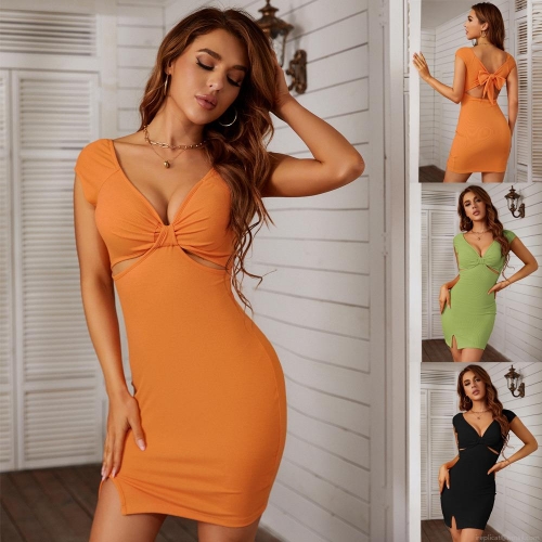 Women's Sexy V-Neck Ribbed Knit Mini Dress Backless Bow Tie Knot Cut-out Waist Bodycon Side Slit Dress for Summer Party Club Night Out