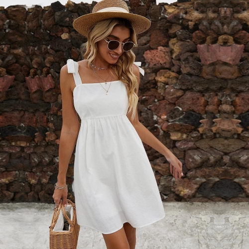 Women Sexy Backless Sling Mini Dress Elegant Bow Straps High Waist A-Line Cotton Blend Knitted Dress For Summer Beach Vacation Party Solid Color Sun Dress
