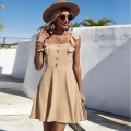 Women Summer Sleeveless Mini Dress Polyester Square Neck Ruffle Strap Button High Waist Backless Sexy Vacation Beach A-Line Sundress