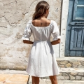 French Style Women Square Neck Puff Sleeve Mini Dress Solid White Button Front High Waist A-Line Dress For Summer Vacation Beach Holiday