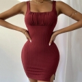Women Sexy Square Neck Sleeveless Ribbed Knit Mini Dress Ruched Bodycon Side Slit Slim Fit Body Hugging Sundress For Party Club Summer Outfit Women's Clothing