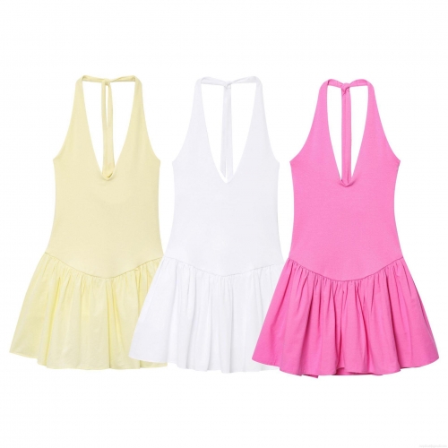 Women Sexy Halter Neck Open Back V-Neck Mini Dress Sleeveless A-Line Pleated Summer Dress Streetwear Party Wear Polyester Ruffle Dress