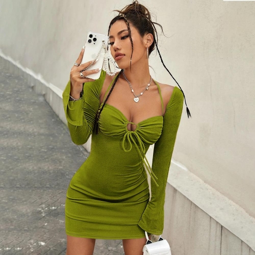 Women Sexy Hollow Out Drawstring Ruched Mini Dress Backless Slit Long Sleeve Bodycon Party Clubwear Dress