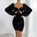 Women Sexy Black Velvet Mini Dress With Long Puff Sleeves Hollow Out Metal Ring Bodycon Slim Fit Elegant Club Evening Party Dress