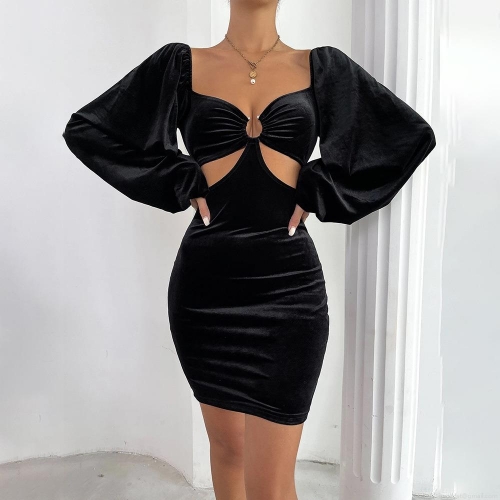 Women Sexy Black Velvet Mini Dress With Long Puff Sleeves Hollow Out Metal Ring Bodycon Slim Fit Elegant Club Evening Party Dress