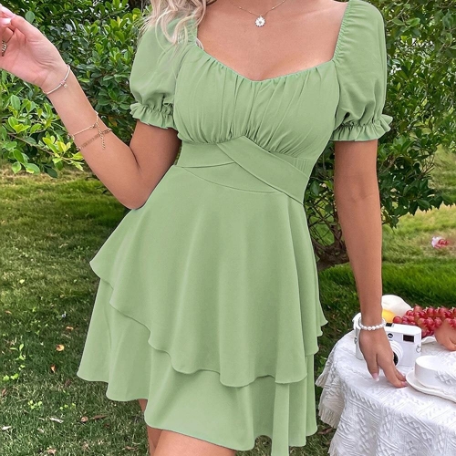 Women Puff Sleeve Square Neck Tiered Mini Dress 100% Polyester Solid Color Backless Tie Back A-Line Ruffle Hem Summer Vacation Picnic Party Sweet Style For Lady
