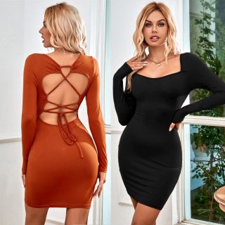 Women Sexy Backless Crisscross Lace Up Bodycon Mini Dress Square Neck Long Sleeve Knitted Rayon Spandex Slim Fit Short Club Party Dress
