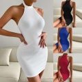 Women Halter Neck Ribbed Knit Bodycon Mini Dress Sexy Backless Sleeveless Slim Fit Rayon Blend Party Night Out Summer Short Dress