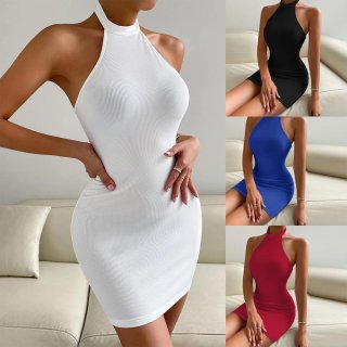 Women Halter Neck Ribbed Knit Bodycon Mini Dress Sexy Backless Sleeveless Slim Fit Rayon Blend Party Night Out Summer Short Dress