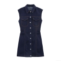 Women's Fashion Navy Blue Denim Sleeveless Dress Lapel Single-Breasted Button Front Pleated Mini A-Line Dress For Casual Summer Streetwear