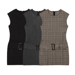 Women Sleeveless Round Neck Bodycon Dress With Belt Metal Buckle Plaid Striped Solid Polyester Woven Casual Party Streetwear Slim Fit Dress