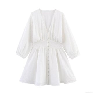 Women White Eyelet Embroidery Long Sleeve V Neck Mini Dress Hollow Out Button Down A-Line Street Style Summer Short Dress For Vacation Party